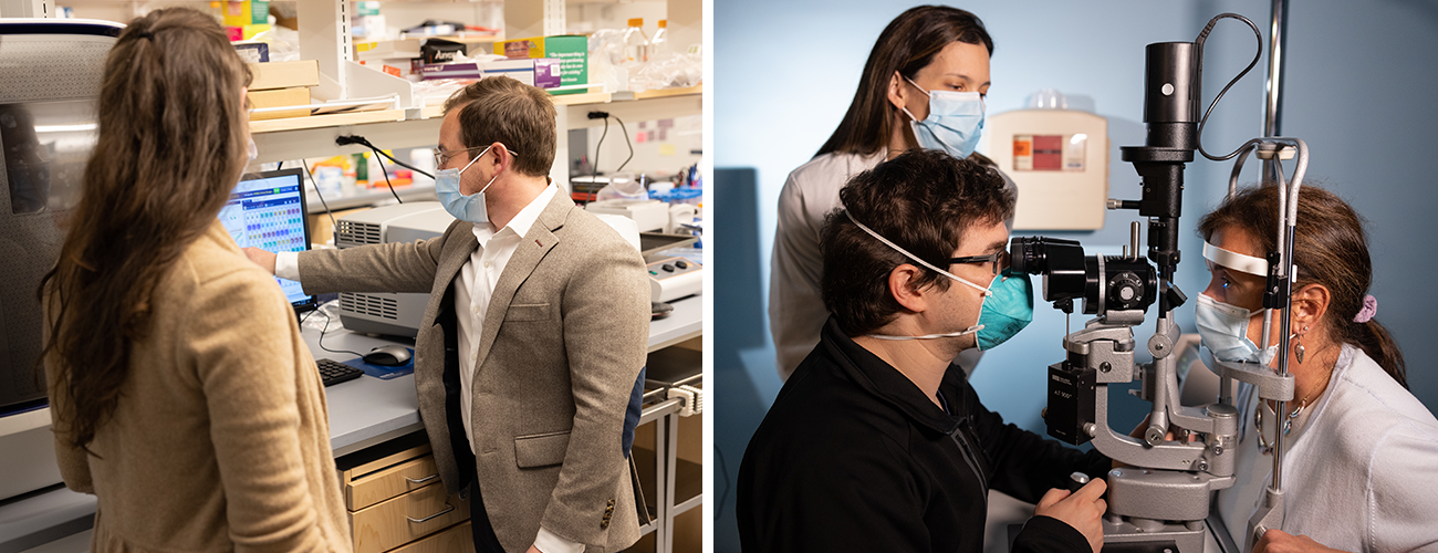 collage of researchers in lab and doctors performing an eye exam on a patient in an exam room